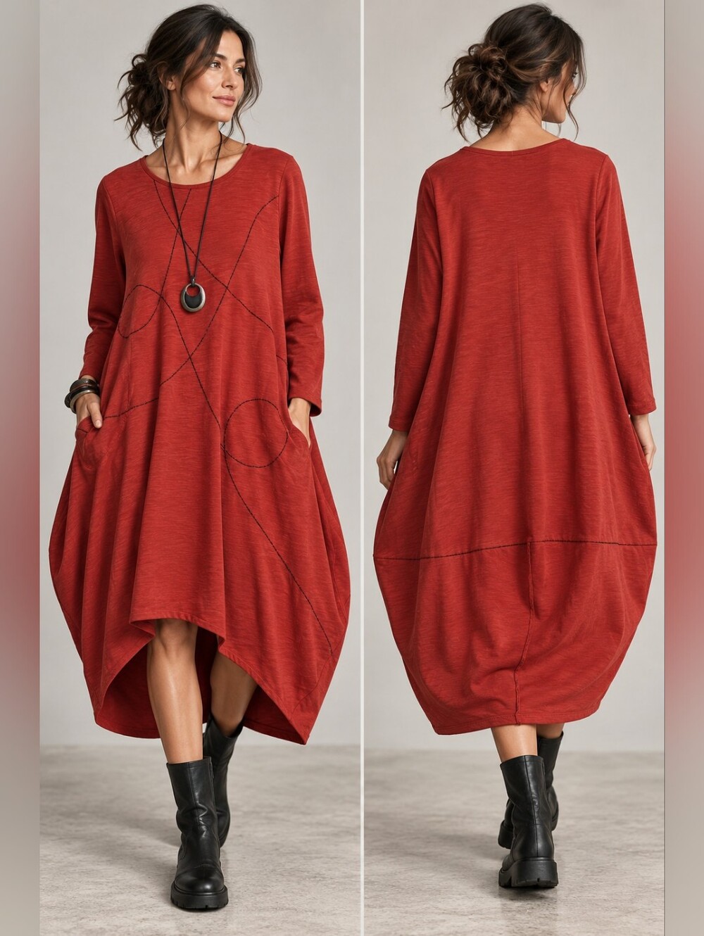 ZEN CHEYENNE LAGENLOOK LANTERN COCOON DRESS RED RUST TERRA COTTA S/M